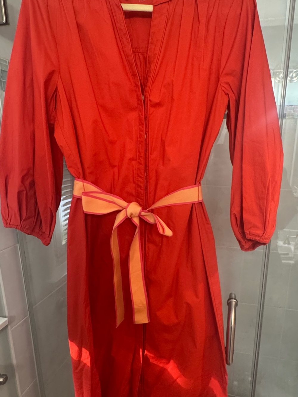 LOFT Orange/Red Long-Sleeve Tie-Waist Midi Dress